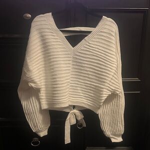 HYFVE White Ribbed V-Neck Sweater with Tie-Back